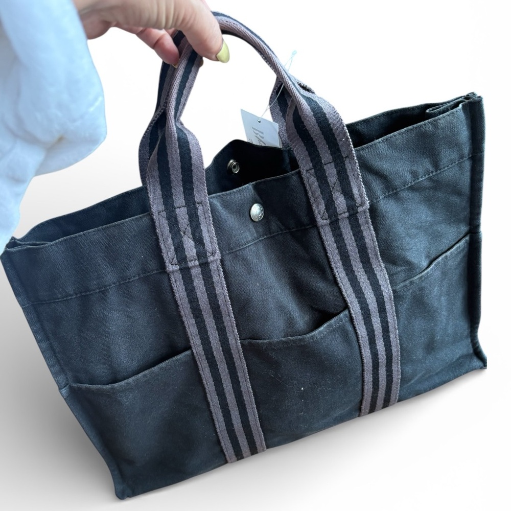 Hermes Fourre-tout Canvas  Tote Bag with Striped Webbed Handles - Black and grey